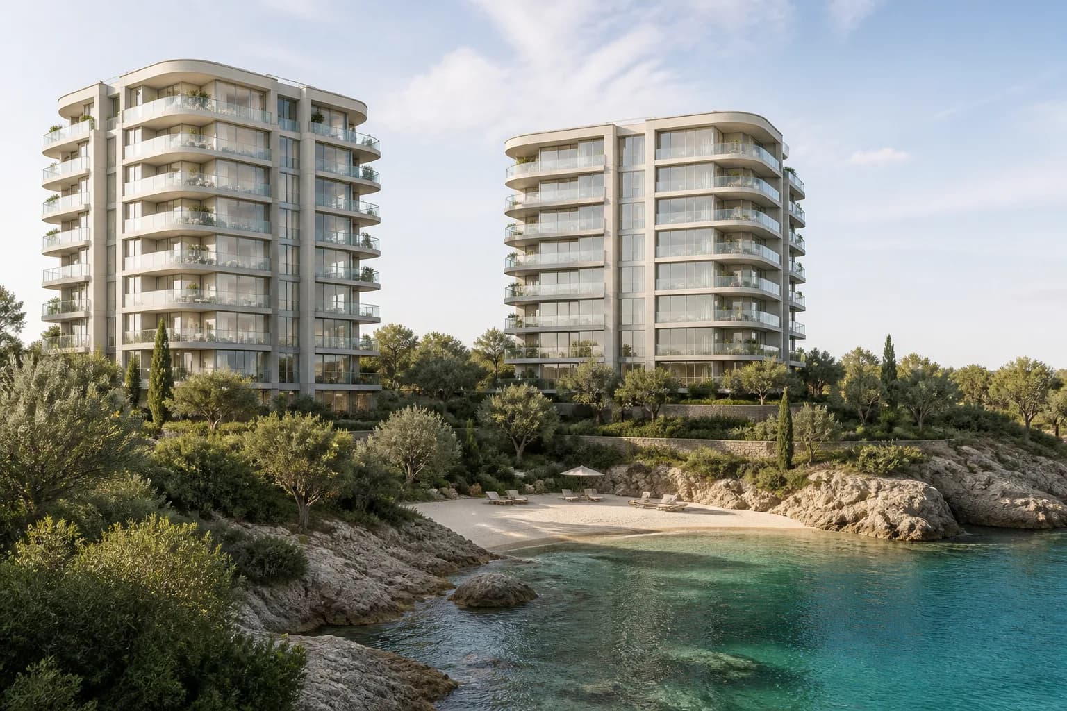 Cove at Lunaya Terraces — two-tower residences set among planted terraces and lagoon water, Saih Shuaib 1