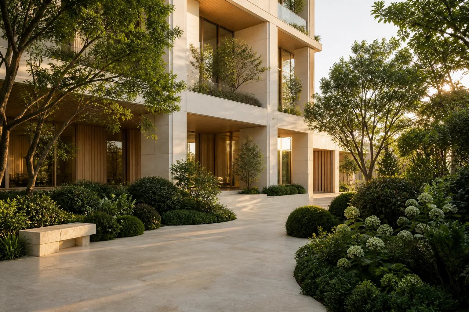 Haven at Lunaya Terraces exterior garden setting in Saih Shuaib 1, Dubai, with soft natural light on planted terraces