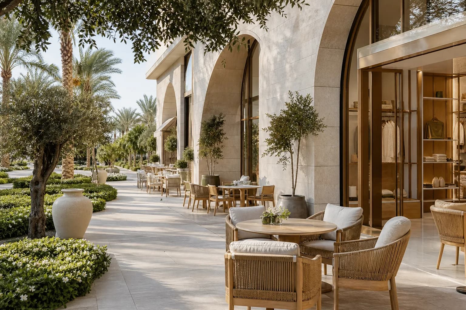 Ground-floor retail and café terrace at Lunaya Terraces, Saih Shuaib 1, Dubai