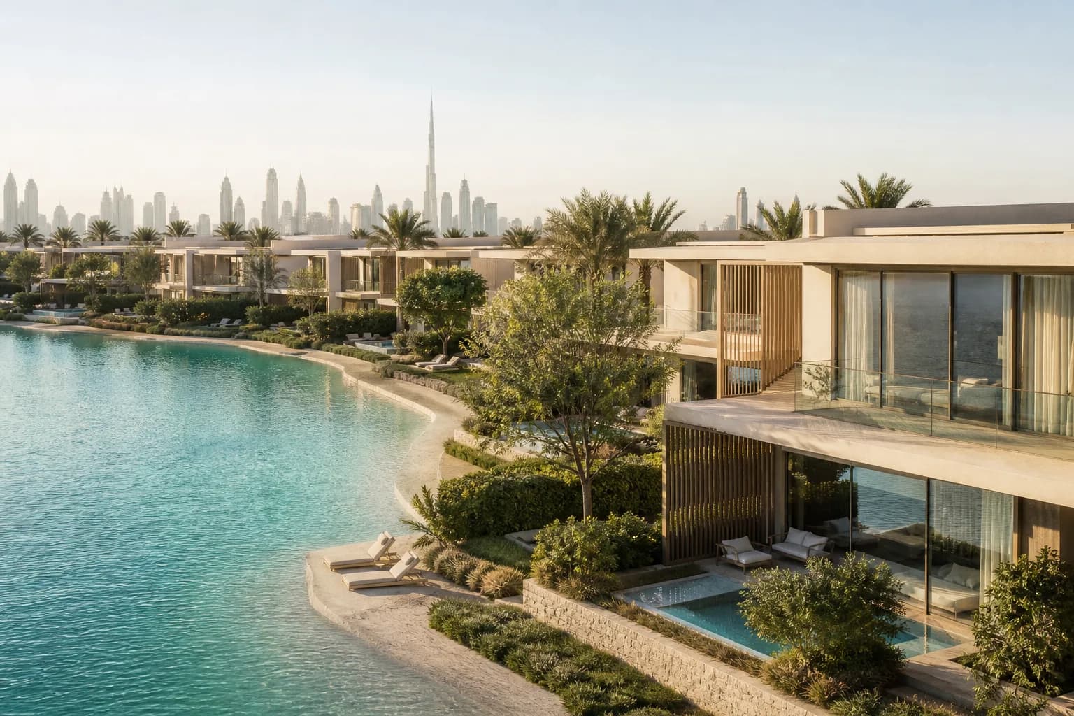 Lunaya Terraces by Zaya — swimmable lagoon and planted gardens with light residential architecture in Saih Shuaib 1, Dubai