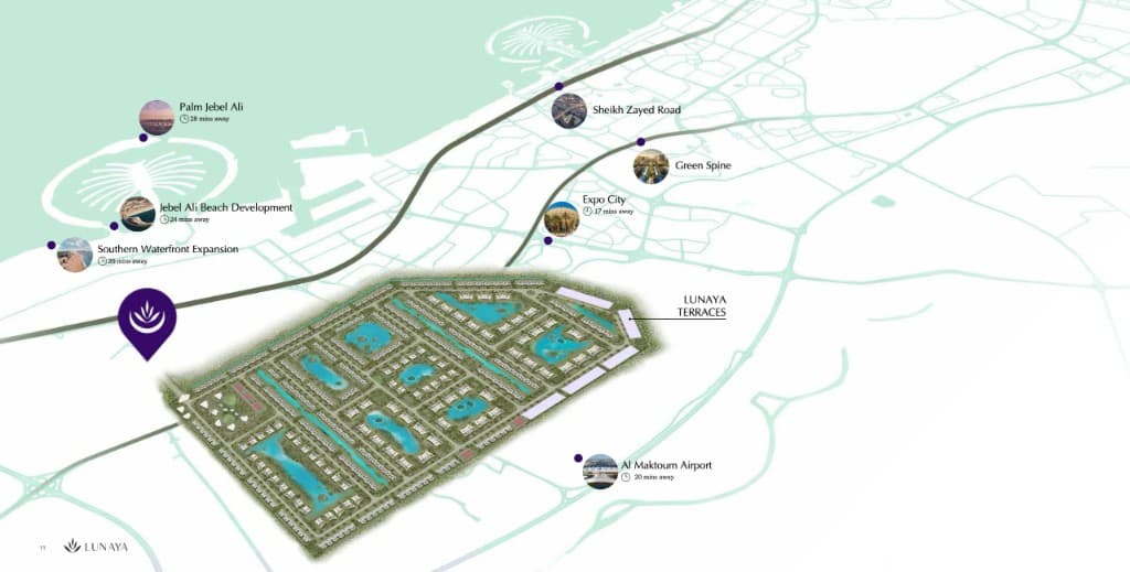 Lunaya Terraces location map in Saih Shuaib 1, Dubai — near Expo City, Al Maktoum Airport, Palm Jebel Ali, and Sheikh Zayed Road